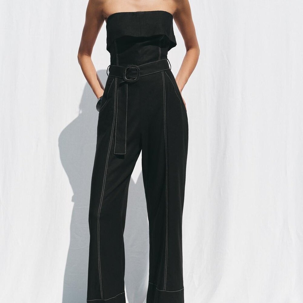 ZARA Black Linen Strapless Jumpsuit – Belted, Straight Leg, EU Linen Size Small